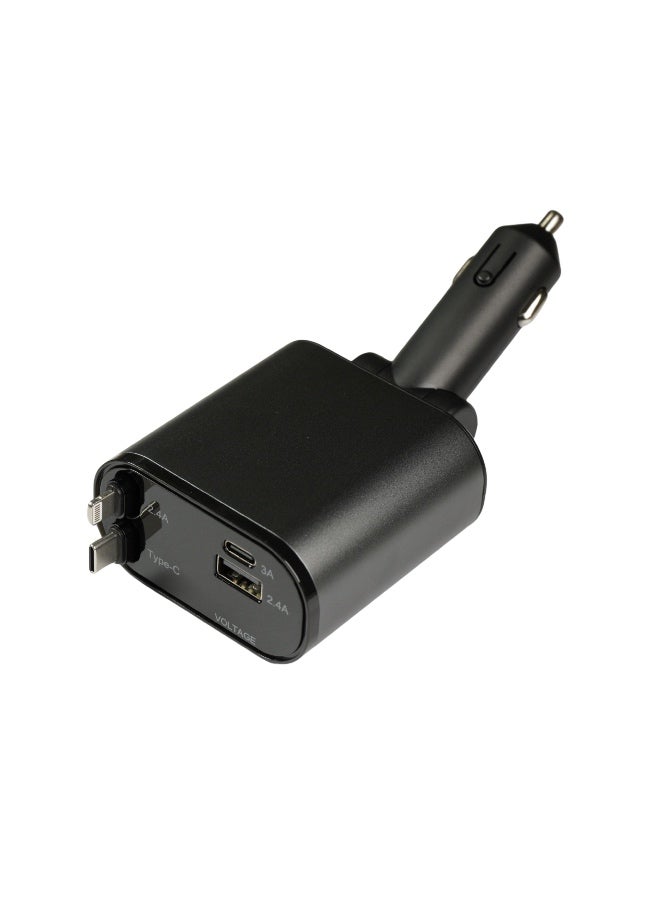 Jeebel Car charger with two cables, a Lightning cable, a retractable USB-C cable, a USB-C port and a USB port, a 120-watt multi-use fast charging charger - Image 3